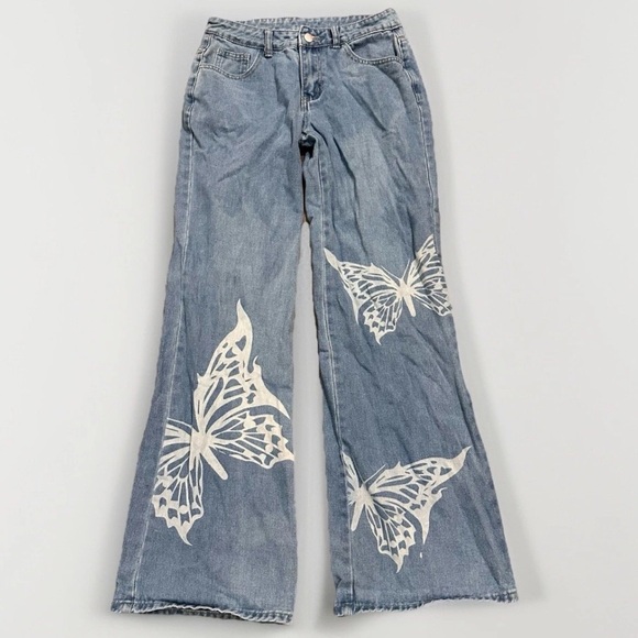 Shein Jeans 28 Wide Leg Flare Boho Festival Butterflies Fairy Fairycore Hippie - Picture 1 of 10